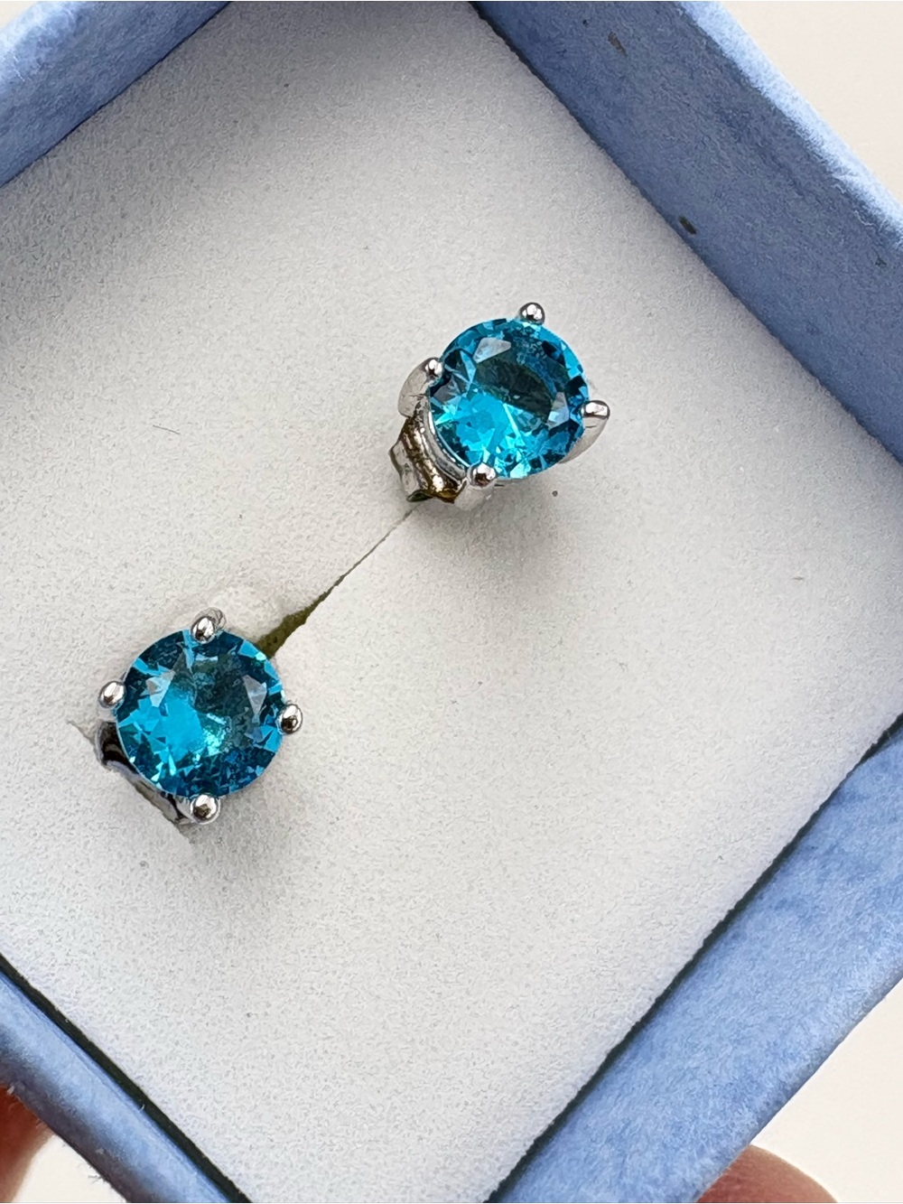 Classic Blue Topaz Round Stud Earrings - Silver Tone - Picture 5 of 16